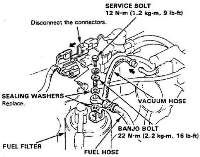 SERVICE BOLT 12 N·m (1.2 kg·m, 9 lb-ft) Disconnect the connectors. SEALING WASHERS Replace. VACUUM HOSE BANJO BOLT 22 N·m (2.2 kg·m, 16 lb-ft) FUEL FILTER FUEL HOSE