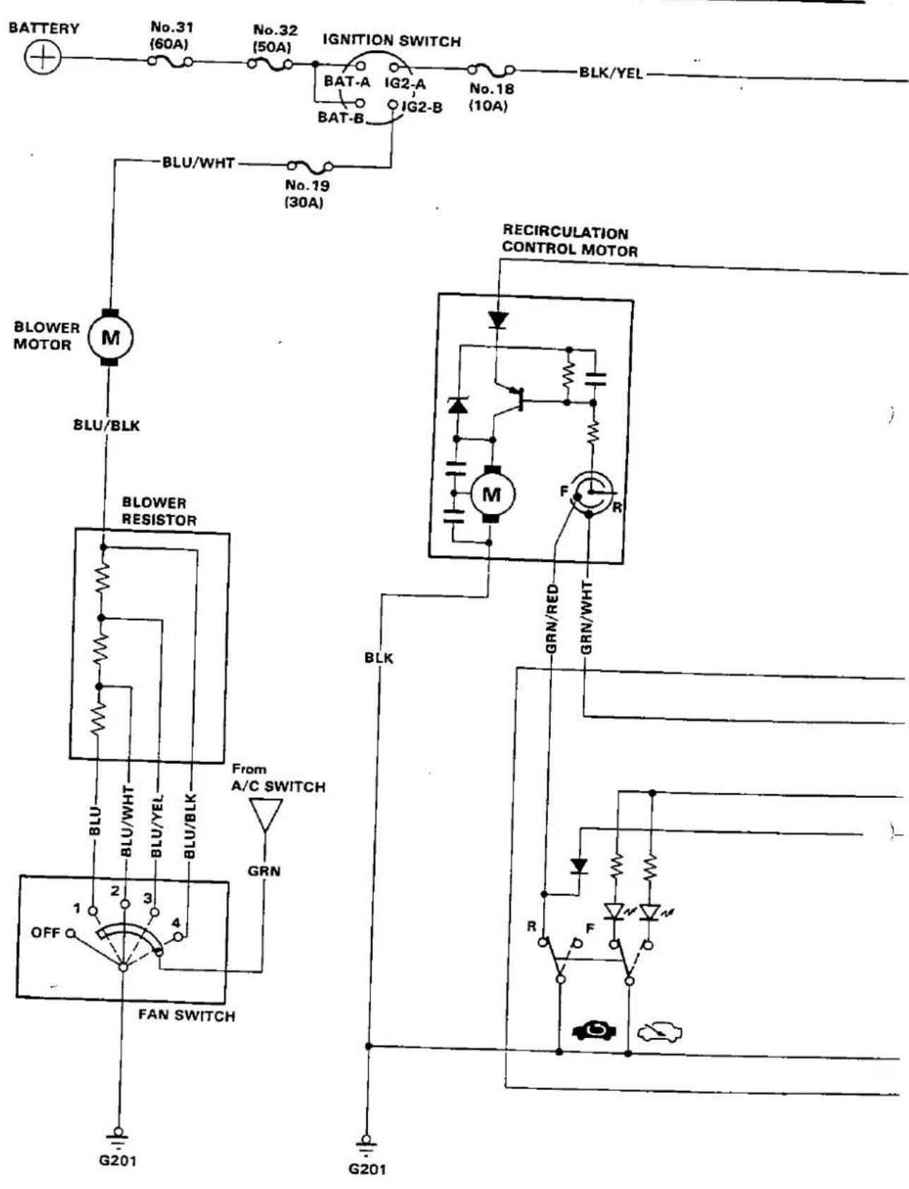 BATTERY No.31 (60A) No.32 (50A) IGNITION SWITCH BAT-A IG2-A BAT-B IG2-B No.18 (10A) BLK/YEL BLU/WHT No.19 (30A) BLOWER M BLU/BLK BLOWER RESISTOR BLU BLU/WHT BLU/YEL BLU/BLK From A/C SWITCH GRN G201 FAN SWITCH BLK GRN/RED GRN/WHT RECIRCULATION CONTROL MOTOR R F G201