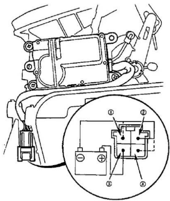 Technical diagram of a vehicle's internal components with numbered parts and an inset showing battery assembly details.