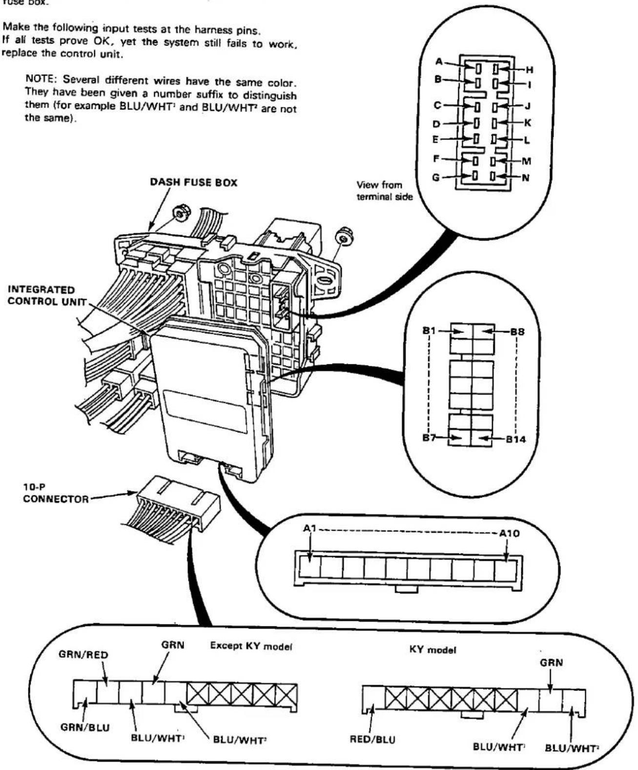 Make the following input tests at the harness pins. If all tests prove OK, yet the system still fails to work, replace the control unit. NOTE: Several different wires have the same color. They have been given a number suffix to distinguish them (for example BLU/WHT¹ and BLU/WHT² are not the same). DASH FUSE BOX View from terminal side INTEGRATED CONTROL UNIT 10-P CONNECTOR A1 A10 GRN/RED GRN Except KY model KY model GRN GRN/BLU BLU/WHT¹ BLU/WHT² RED/BLU BLU/WHT¹ BLU/WHT²