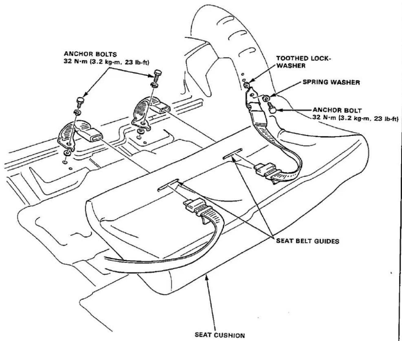 ANCHOR BOLTS 32 N·m (3.2 kg·m, 23 lb-ft) TOOTHED LOCK- WASHER SPRING WASHER ANCHOR BOLT 32 N·m (3.2 kg·m, 23 lb-ft) SEAT BELT GUIDES SEAT CUSHION