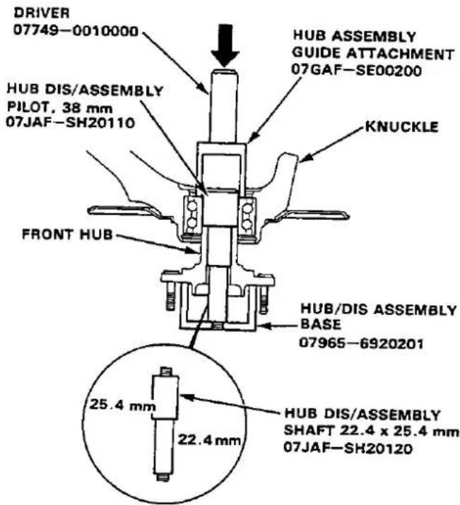 DRIVER 07749-0010000 HUB ASSEMBLY GUIDE ATTACHMENT 07GAF-SE00200 HUB DIS/ASSEMBLY PILOT, 38 mm 07JAF-SH20110 KNUCKLE FRONT HUB HUB/DIS ASSEMBLY BASE 07965-6920201 25.4 mm 22.4 mm HUB DIS/ASSEMBLY SHAFT 22.4 x 25.4 mm 07JAF-SH20120