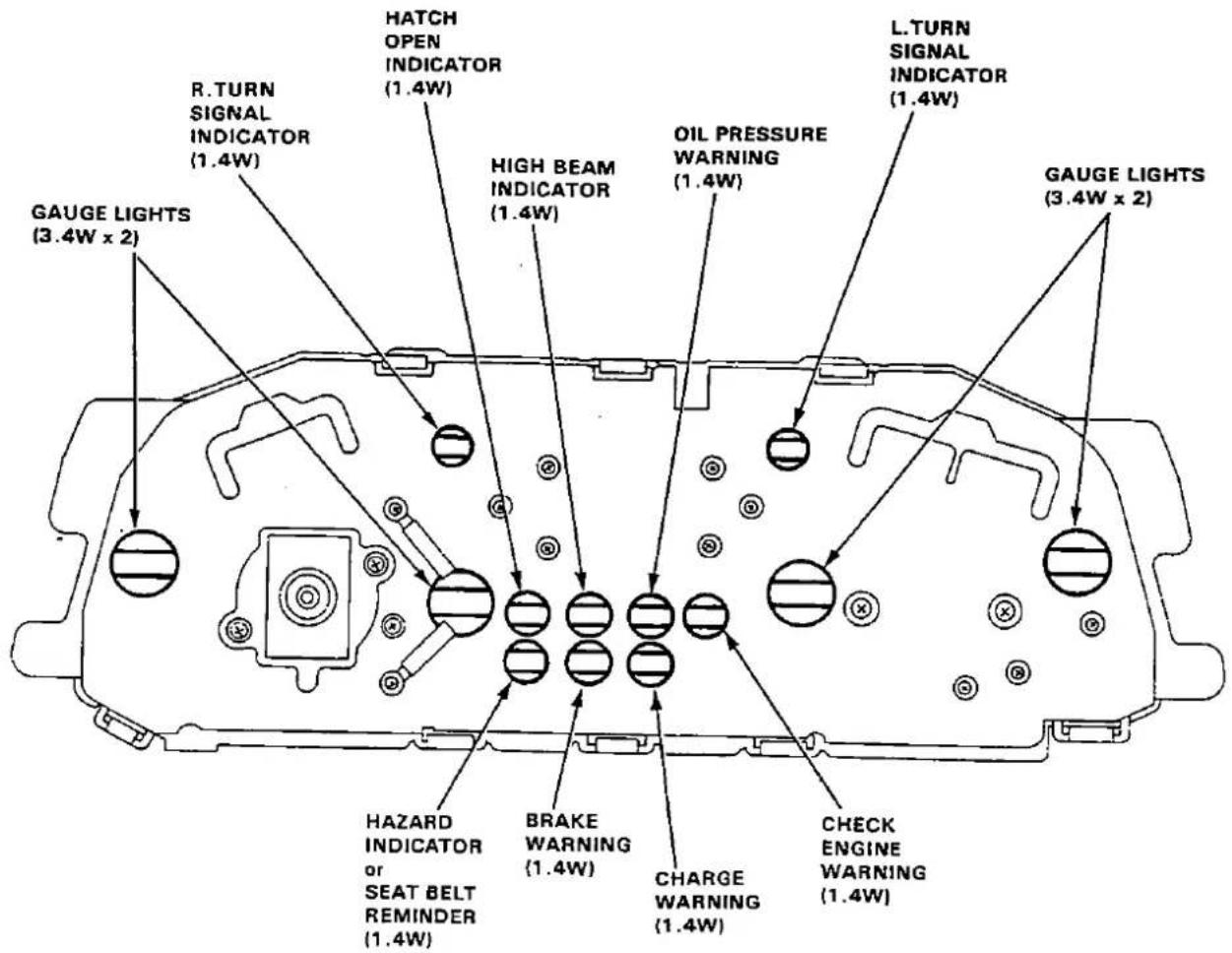 R.TURN SIGNAL INDICATOR (1.4W) HATCH OPEN INDICATOR (1.4W) L.TURN SIGNAL INDICATOR (1.4W) HAUGE LIGHTS (3.4W x 2) HIGH BEAM INDICATOR (1.4W) OIL PRESSURE WARNING (1.4W) GAUGE LIGHTS (3.4W x 2) HAZARD INDICATOR or SEAT BELT REMINDER (1.4W) BRAKE WARNING (1.4W) CHARGE WARNING (1.4W) CHECK ENGINE WARNING (1.4W)