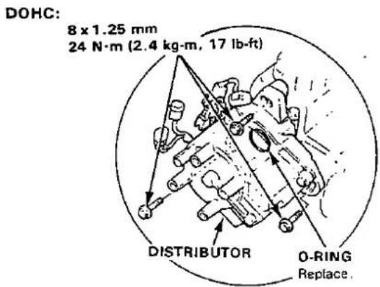 DOHC: 8 x 1.25 mm 24 N·m (2.4 kg·m, 17 lb-ft) DISTRIBUTOR O-RING Replace.