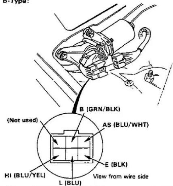 B (GRN/BLK) (Not used) AS (BLU/WHT) HI (BLU/YEL) E (BLK) L (BLU) View from wire side