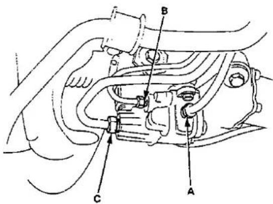 Technical diagram of a mechanical assembly with labeled parts A, B, and C
