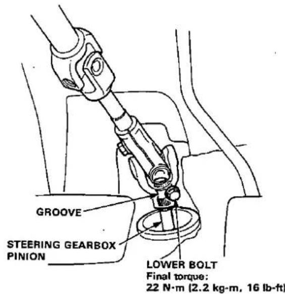 GROOVE STEERING GEARBOX PINION LOWER BOLT Final torque: 22 N·m (2.2 kg·m, 16 lb·ft)