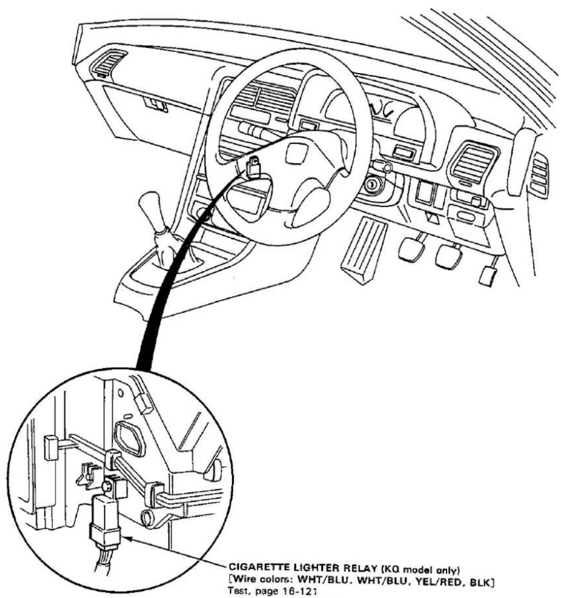 CIGARETTE LIGHTER RELAY (KO model only) [Wire colors: WHT/BLU, WHT/BLU, YEL/RED, BLK] Test, page 16-121