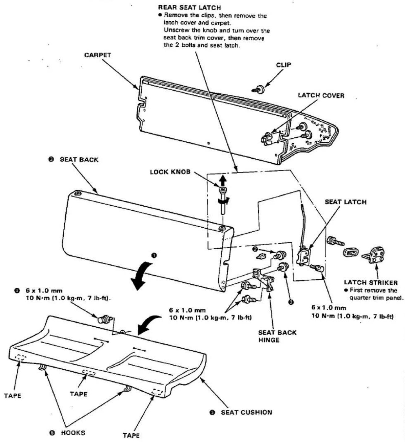 REAR SEAT LATCH • Remove the clips, then remove the latch cover and carpet. Unscrew the knob and turn over the seat back trim cover, then remove the 2 bolts and seat latch. CARPET CLIP LATCH COVER ⑤ SEAT BACK LOCK KNOB SEAT LATCH LATCH STRIKER • First remove the quarter trim panel. 6 x 1.0 mm 10 N·m (1.0 kg·m, 7 lb-ft). ④ 6 x 1.0 mm 10 N·m (1.0 kg·m, 7 lb-ft). 6 x 1.0 mm 10 N·m (1.0 kg·m, 7 lb-ft) SEAT BACK HINGE TAPE TAPE TAPE HAOKS TAPE SEAT CUSHION