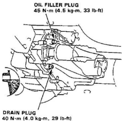OIL FILLER PLUG 45 N·m (4.5 kg·m, 33 lb-ft) DRAIN PLUG 40 N·m (4.0 kg·m, 29 lb-ft)