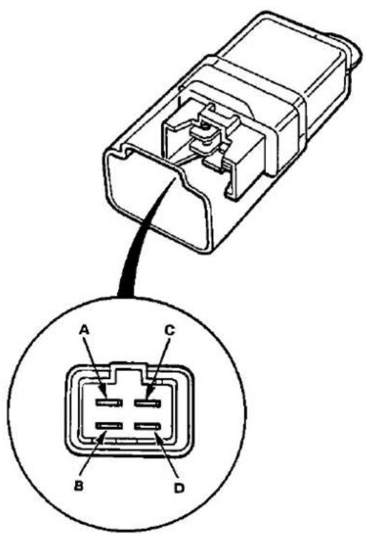 Technical diagram of an electrical connector with labeled pins A, B, C, D and a cable connection point