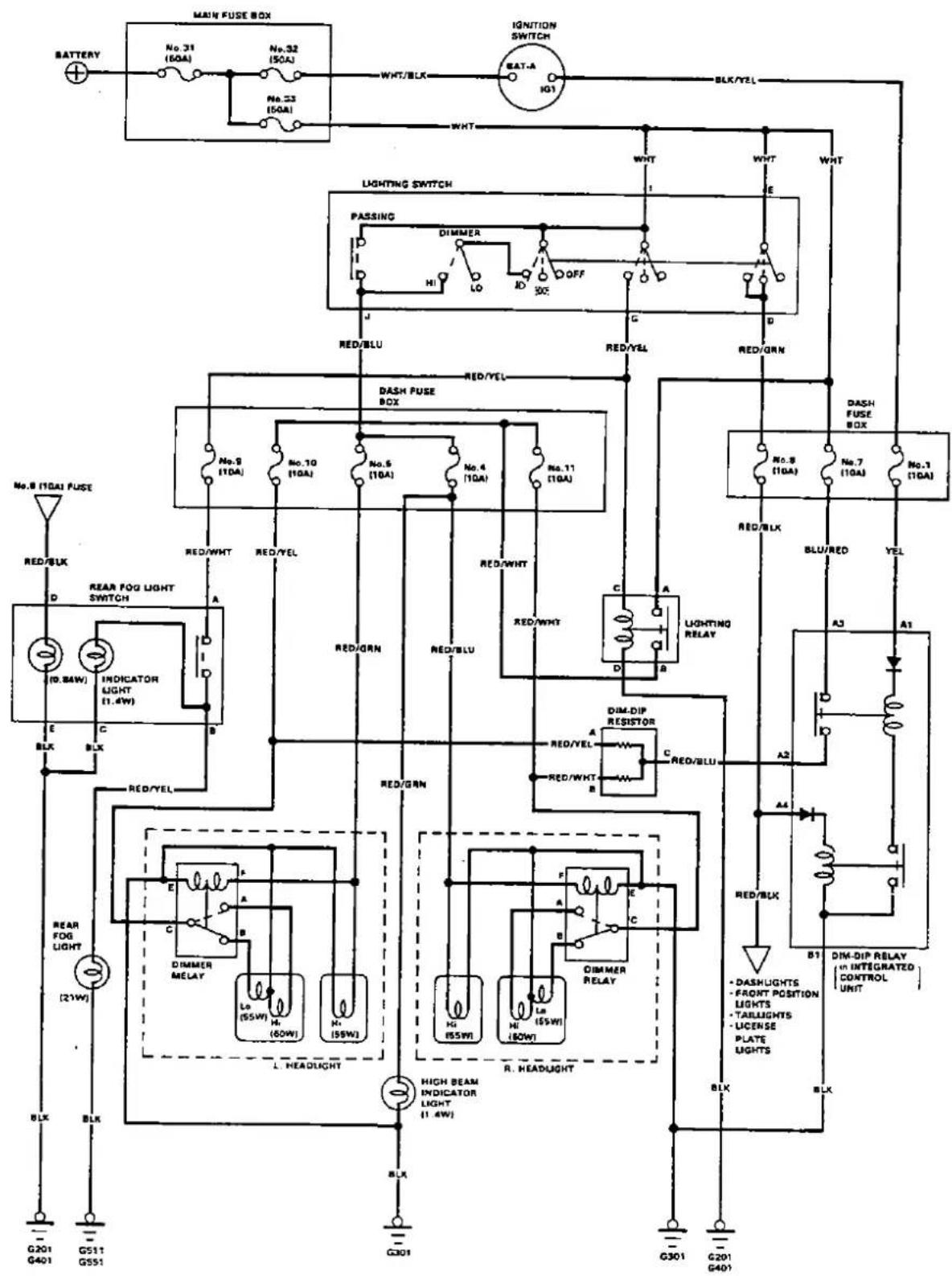 MAIN FUSE BOX BATTERY No. 31 (60A) No. 32 (50A) No. 33 (50A) WHT/BLK WHT IGNITION SWITCH EAT-A IG1 BLK/YEL LIGHTING SWITCH PASSING DIMMER NO. LO OFF J C D RED/BLU RED/YEL RED/YEL DASH FUSE BOX No. 9 (10A) No. 10 (10A) No. 5 (10A) No. 4 (10A) No. 11 (10A) RED/WHT RED/YEL RED/GRN RED/BLU RED/WHT RED/YEL RED/BLU C A LIGHTING RELAY D B RED/BLK BLU/RED YEL No. 8 (10A) FUSE RED/BLK D REAR FOG LIGHT SWITCH (0.8kW) INDICATOR LIGHT (1.4W) E C B BLK BLK RED/YEL REAR FOG LIGHT (21W) BLK BLK E A C B DIMMER RELAY Lo (55W) M (60W) H (55W) L HEADLIGHT HIGH BEAM INDICATOR LIGHT (1.4W) BLK G201 G511 G551 HIGH BEAM INDICATOR LIGHT (1.4W) BLK G301 G301 G201 G401