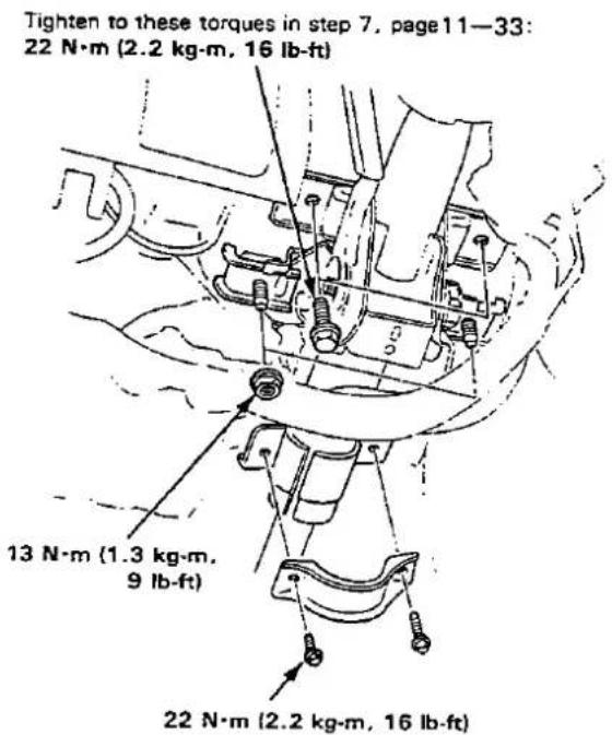 Tighten to these torques in step 7, page11—33: 22 N·m (2.2 kg·m, 16 lb-ft) 13 N·m (1.3 kg·m, 9 lb-ft) 22 N·m (2.2 kg·m, 16 lb-ft)
