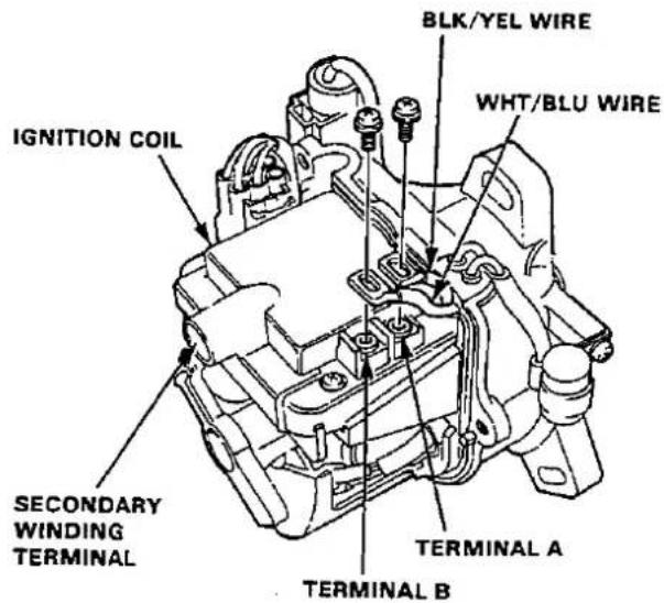 IGNITION COIL SECONDARY WINDING TERMINAL BLK/YEL WIRE WHT/BLU WIRE TERMINAL A TERMINAL B