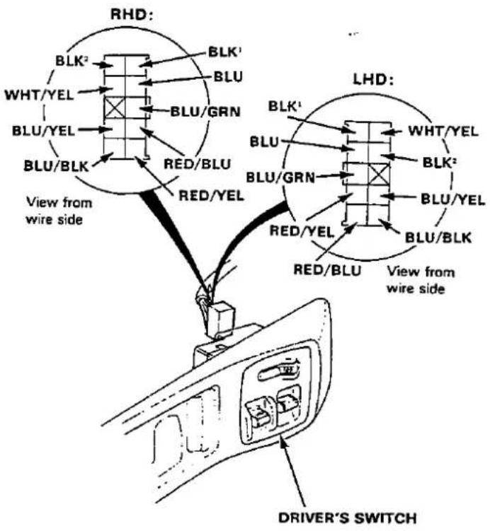 RHD: BLK² WHT/YEL BLU/YEL BLU/BLK View from wire side BLK¹ BLU BLU/GRN RED/BLU RED/YEL LHD: BLK¹ BLU BLU/GRN RED/YEL RED/BLU View from wire side WHT/YEL BLK² BLU/YEL BLU/BLK DRIVER'S SWITCH