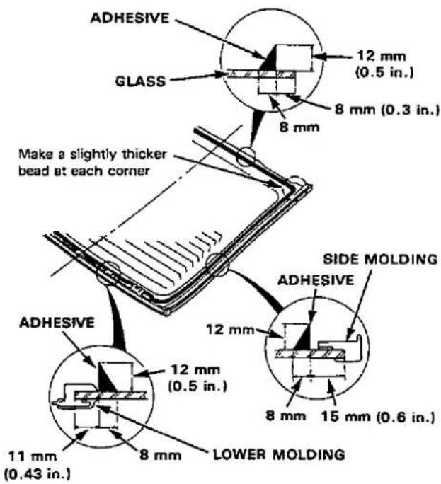 ADHESIVE GLASS 12 mm (0.5 in.) 8 mm (0.3 in.) 8 mm Make a slightly thicker bead at each corner SIDE MOLDING ADHESIVE 12 mm 12 mm (0.5 in.) 8 mm 15 mm (0.6 in.) 11 mm (0.43 in.) 8 mm LOWER MOLDING