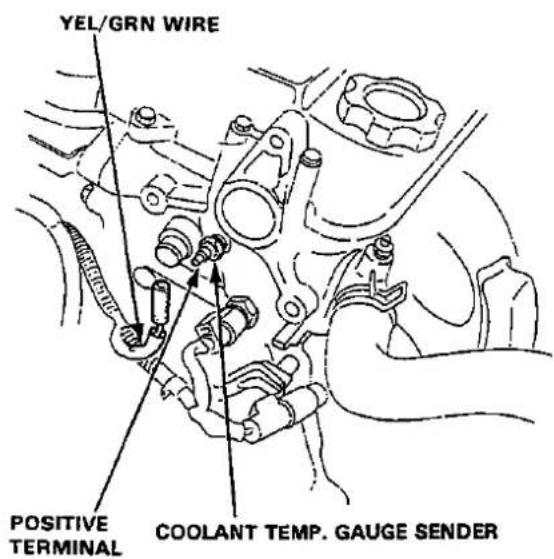 YEL/GRN WIRE POSITIVE TERMINAL COOLANT TEMP. GAUGE SENDER