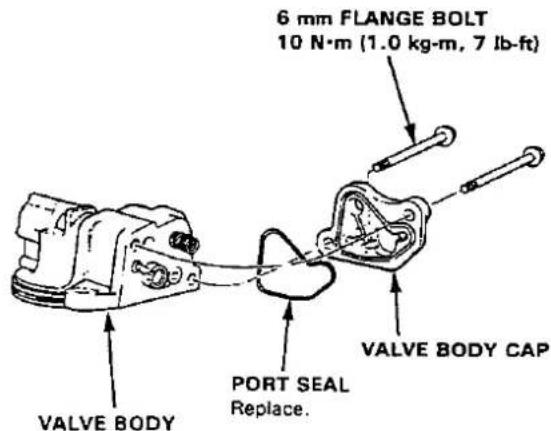 6 mm FLANGE BOLT 10 N·m (1.0 kg·m, 7 lb·ft) VALVE BODY PORT SEAL Replace. VALVE BODY CAP