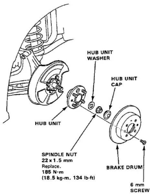 HUB UNIT WASHER HUB UNIT CAP HUB UNIT SPINDLE NUT 22 x 1.5 mm Replace. 185 N·m (18.5 kg·m, 134 lb·ft) BRAKE DRUM 6 mm SCREW