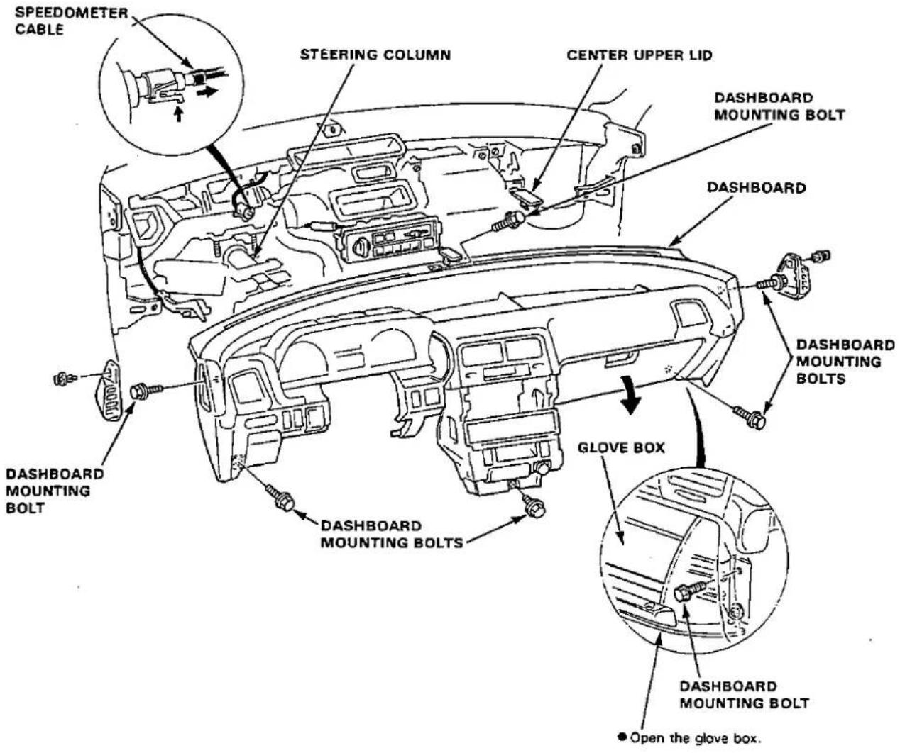 SPEEDOMETER CABLE STEERING COLUMN CENTER UPPER LID DASHBOARD MOUNTING BOLT DASHBOARD DASHBOARD MOUNTING BOLTS DASHBOARD MOUNTING BOLT GLOVE BOX DASHBOARD MOUNTING BOLTS ● Open the glove box.
