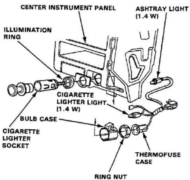 CENTER INSTRUMENT PANEL ILLUMINATION RING CIGARETTE LIGHTER LIGHT (1.4 W) BULB CASE CIGARETTE LIGHTER SOCKET ASHTRAY LIGHT (1.4 W) THERMOFUSE CASE RING NUT