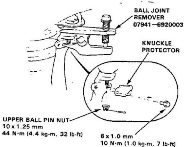 BALL JOINT REMOVER 07941-6920003 KNUCKLE PROTECTOR UPPER BALL PIN NUT 10 x 1.25 mm 44 N·m (4.4 kg-m, 32 lb-ft) 6 x 1.0 mm 10 N·m (1.0 kg-m, 7 lb-ft)
