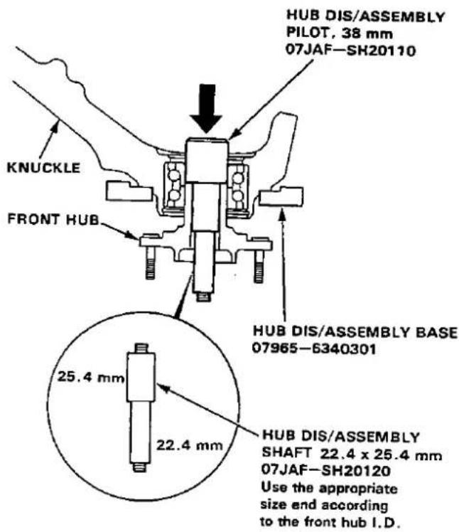 HUB DIS/ASSEMBLY PILOT, 38 mm 07JAF-SH20110 KNUCKLE FRONT HUB HUB DIS/ASSEMBLY BASE 07965-6340301 25.4 mm 22.4 mm HUB DIS/ASSEMBLY SHAFT 22.4 x 25.4 mm 07JAF-SH20120 Use the appropriate size end according to the front hub I.D.