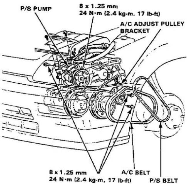 P/S PUMP 8 x 1.25 mm 24 N·m (2.4 kg·m, 17 lb·ft) A/C ADJUST PULLEY BRACKET 8 x 1.25 mm 24 N·m (2.4 kg·m, 17 lb·ft) A/C BELT P/S BELT