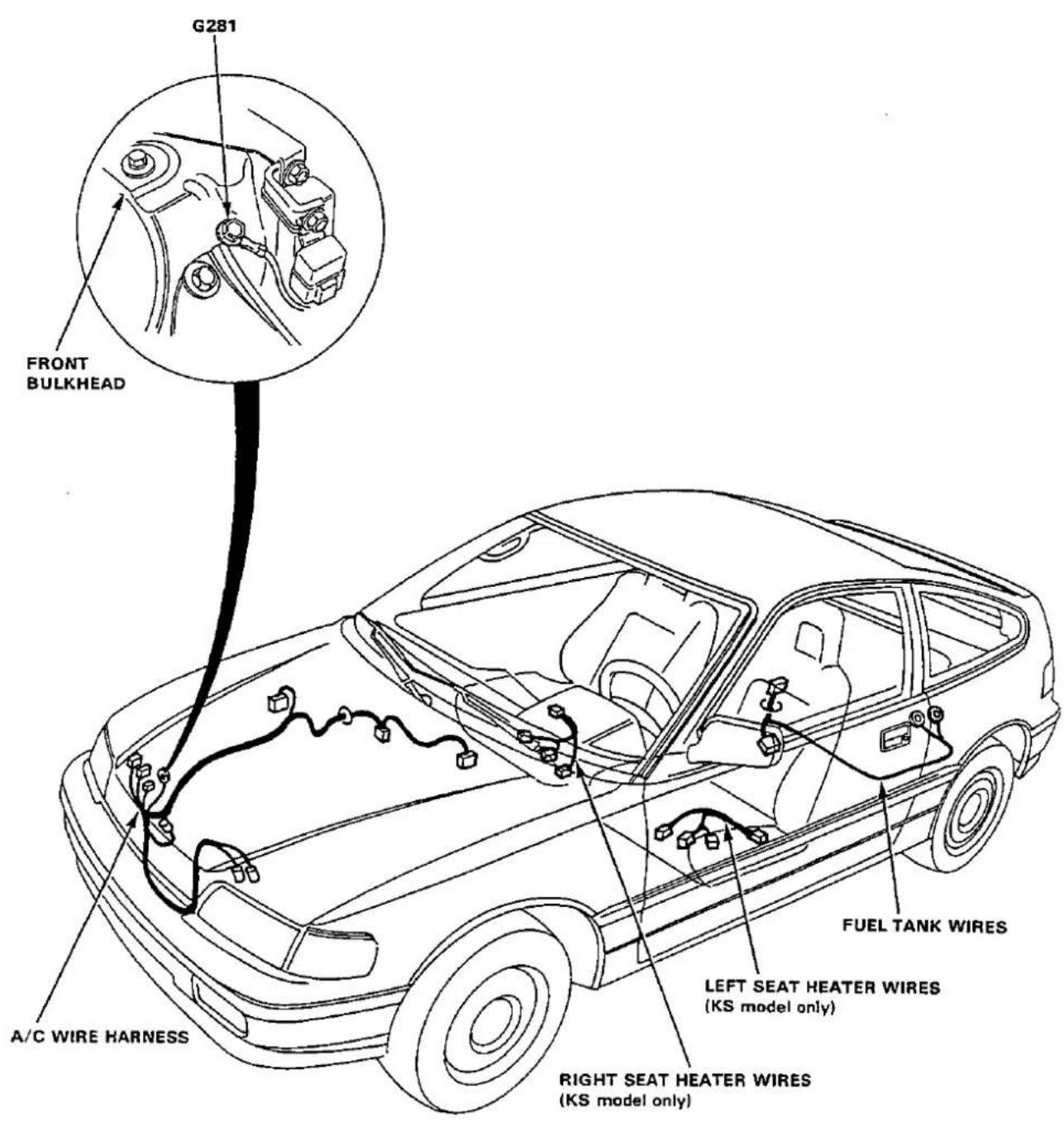 G281 FRONT BULKHEAD A/C WIRE HARNESS FUEL TANK WIRES LEFT SEAT HEATER WIRES (KS model only) RIGHT SEAT HEATER WIRES (KS model only)