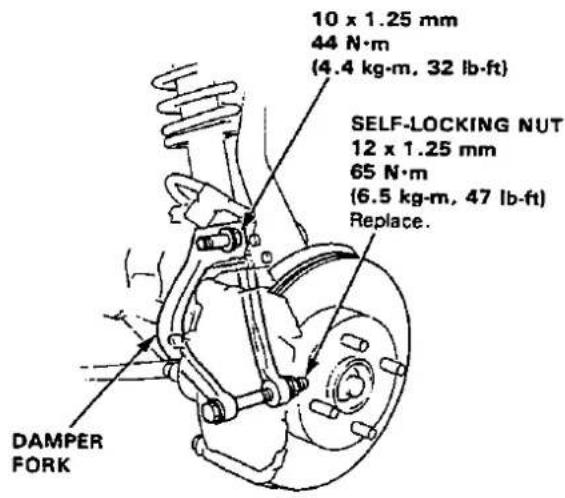 10 x 1.25 mm 44 N·m (4.4 kg·m, 32 lb·ft) SELF-LOCKING NUT 12 x 1.25 mm 65 N·m (6.5 kg·m, 47 lb·ft) Replace. DAMPER FORK