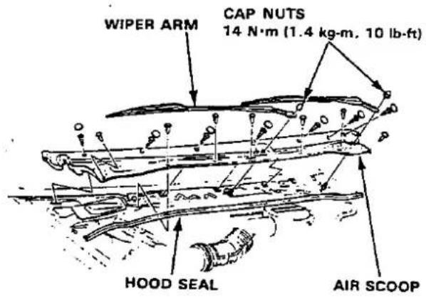 WIPER ARM CAP NUTS 14 N·m (1.4 kg·m, 10 lb·ft) HOOD SEAL AIR SCOOP