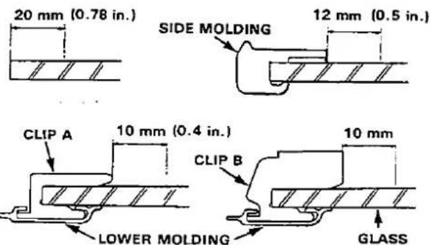 20 mm (0.78 in.) SIDE MOLDING 12 mm (0.5 in.) CLIP A 10 mm (0.4 in.) LOWER MOLDING CLIP B 10 mm GLASS