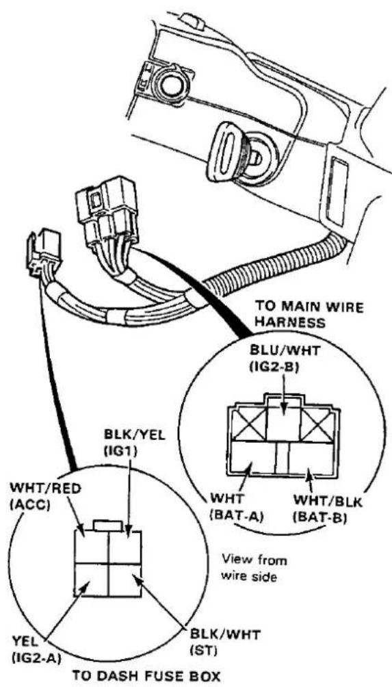 TO MAIN WIRE HARNESS BLU/WHT (IG2-B) BLK/YEL (IG1) WHT/RED (ACC) YEL (IG2-A) BLK/WHT (ST) WHT (BAT-A) WHT/BLK (BAT-B) View from wire side TO DASH FUSE BOX