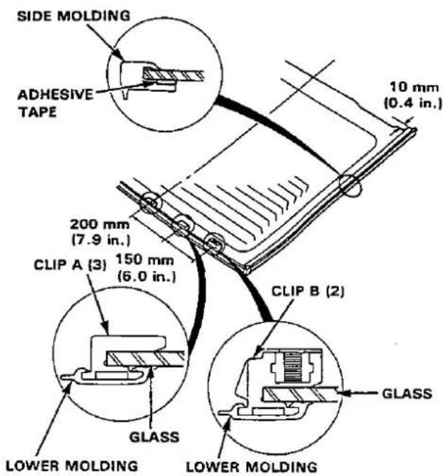 SIDE MOLDING ADHESIVE TAPE 10 mm (0.4 in.) 200 mm (7.9 in.) CLIP A (3) 150 mm (6.0 in.) CLIP B (2) GLASS LOWER MOLDING LOWER MOLDING GLASS