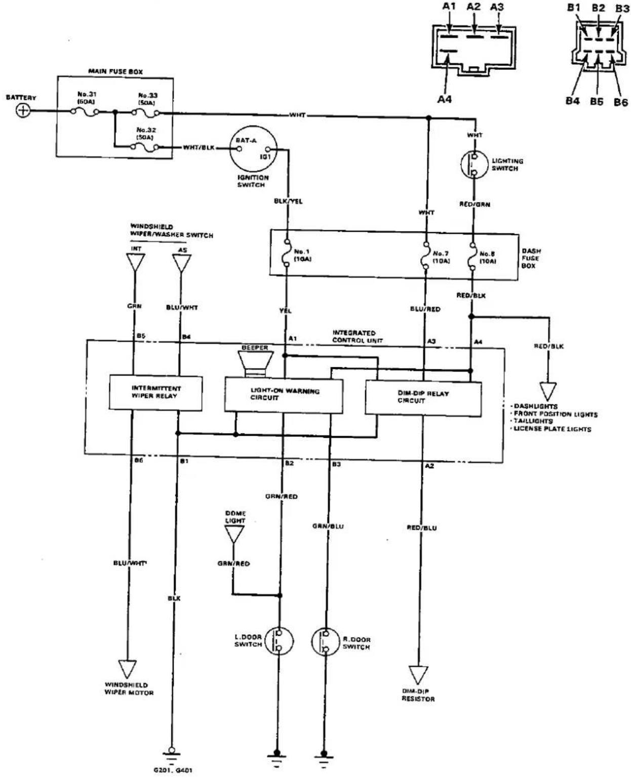 Honda Civic Coupe CRX (1987) - Circuit Diagram (With Dim-Dip Light) - 1