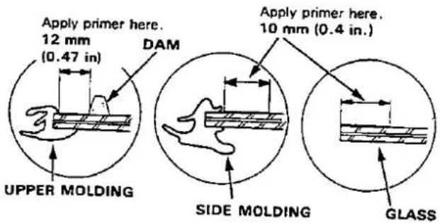 Apply primer here. 12 mm (0.47 in) DAM Upper MOLDING Apply primer here. 10 mm (0.4 in.) SIDE MOLDING GLASS