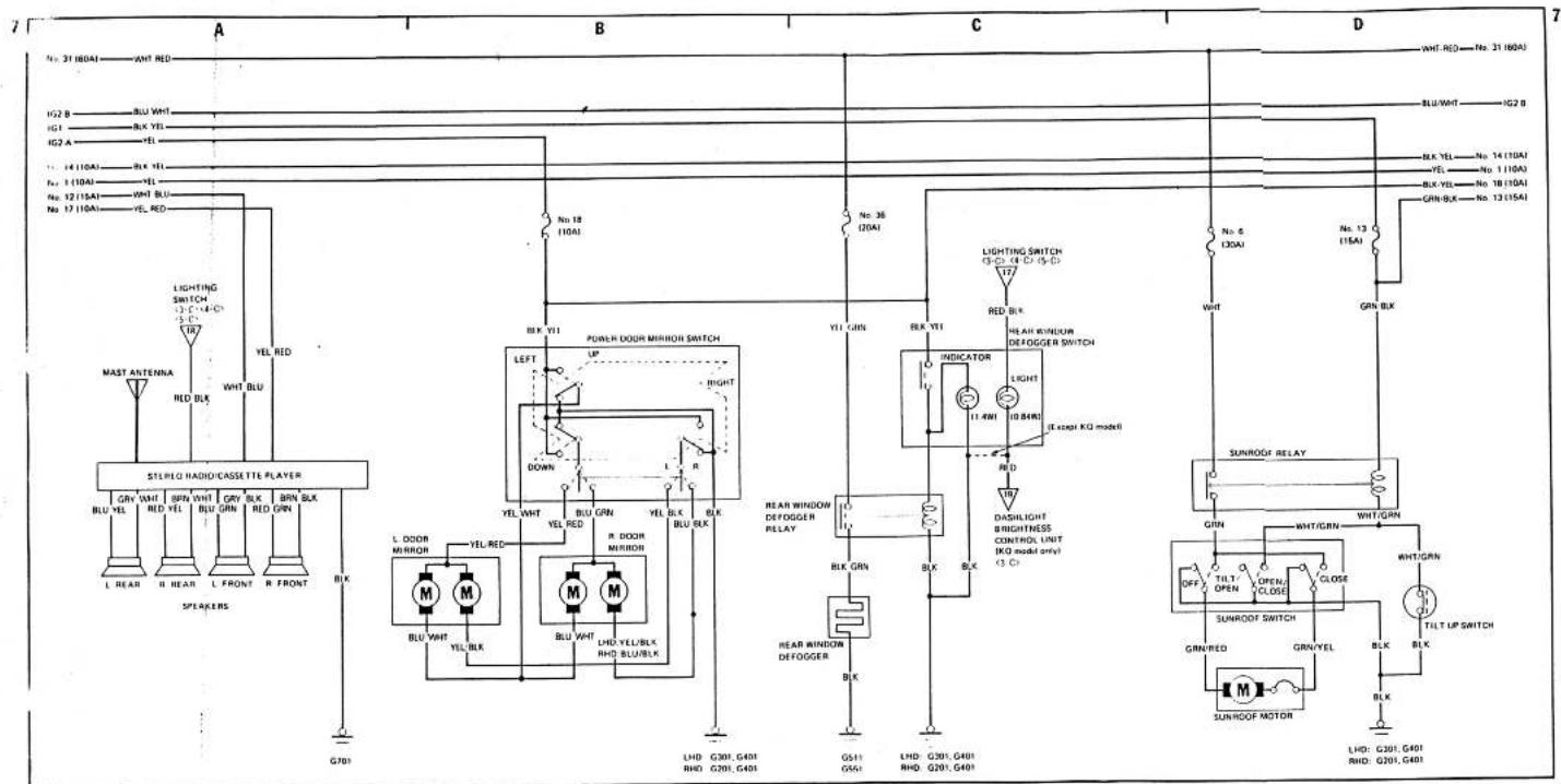 A B C D No. 31 (60A) ANT RED H2 B BLU WHT HGT BLK YEL HGT A YEL No. 14 (10A) BLK YEL No. 12 (15A) WHT BLU No. 17 (10A) YEL RED MAST ANTENNA RED BLK WHT BLU STELED RADIO/CASSSETTE PLAYER BLK L REAR R REAR L FRONT R FRONT SPLAKERS G701 POWER DOOR MIRROR SWITCH LEFT UP RIGHT DOWN R DOOR MIRROR R DOOR RHO BLK L HLD YEL/BLK RHO BLK LHD G301, G401 RHO G201, G401 G511 G501 LHD G301, G401 RHO G201, G401 N: 18 (10A) N: 26 (20A) LIGHTING SWITCH (○) 14 (○) 15 (○) RED BLK BEAR WINDOW DEFOODGER SWITCH INDICATOR LIGHT (○) 8 (8) REACH KΩ model DASHLIGHT BRIGHTNESS CONTROL UNIT (KΩ model only) (○) 13 (○) DASHLIGHT DASHLIGHT RELAY GRIN WHIT/GRIN WHIT/GRIN TILT UP SWITCH GRIN/RED GRIN/YEL BLK BLK LHD G301, G401 RHD G201, G401