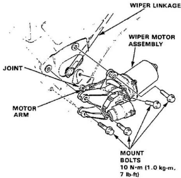 WIPER LINKAGE WIPER MOTOR ASSEMBLY JOINT MOTOR ARM MOUNT BOLTS 10 N·m (1.0 kg·m, 7 lb·ft)