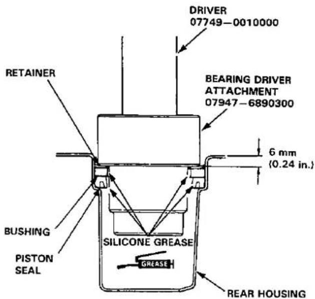 DRIVER 07749-0010000 BEARING DRIVER ATTACHMENT 07947-6890300 6 mm (0.24 in.) RETAINER BUSHING PISTON SEAL SILICONE GREASE GREASE REAR HOUSING