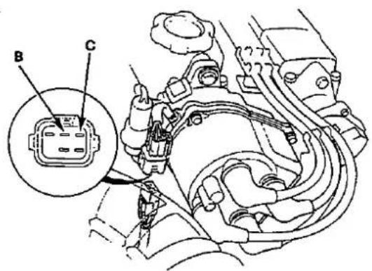 Technical diagram of an automotive electrical connector with labeled parts B and C, showing internal wiring and component layout.