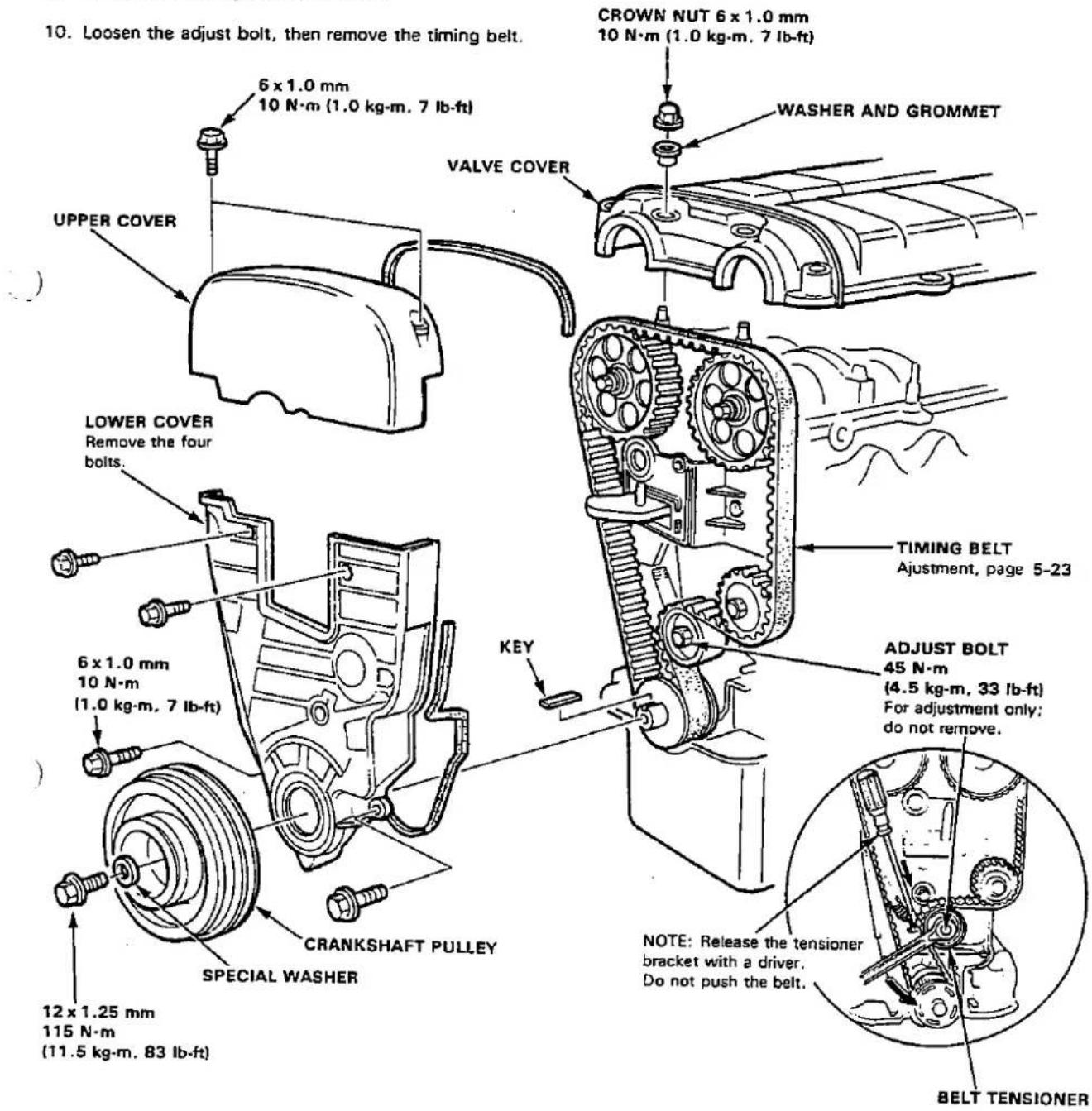 10. Loosen the adjust bolt, then remove the timing belt. 6 x 1.0 mm 10 N·m (1.0 kg·m, 7 lb·ft) CROWN NUT 6 x 1.0 mm 10 N·m (1.0 kg·m, 7 lb·ft) WASHER AND GROMMET VALVE COVER UPPER COVER LOWER COVER Remove the four bolts. 6 x 1.0 mm 10 N·m (1.0 kg·m, 7 lb·ft) CRANKSHAFT PULLEY SPECIAL WASHER 12 x 1.25 mm 115 N·m (11.5 kg·m, 83 lb·ft) KEY TIMING BELT Adjustment, page 5-23 ADJUST BOLT 45 N·m (4.5 kg·m, 33 lb·ft) For adjustment only; do not remove. NOTE: Release the tensioner bracket with a driver. Do not push the belt. BELT TENSIONER