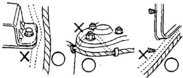 Technical diagram showing three different installation or repair methods for a mechanical component, with cross marks indicating points of interest.