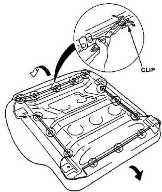 Technical diagram showing a mechanical component with labeled parts and an inset view of a tool interacting with a clip.