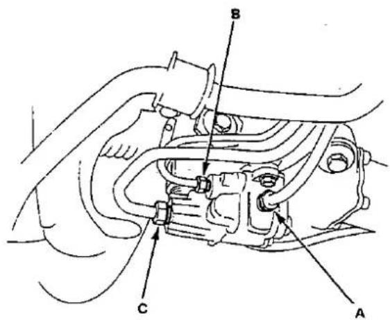 Technical diagram of a mechanical assembly with labeled parts A, B, and C