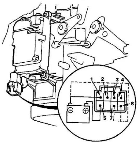 Technical diagram of a mechanical assembly with numbered components and an inset view of a battery terminal block labeled B.