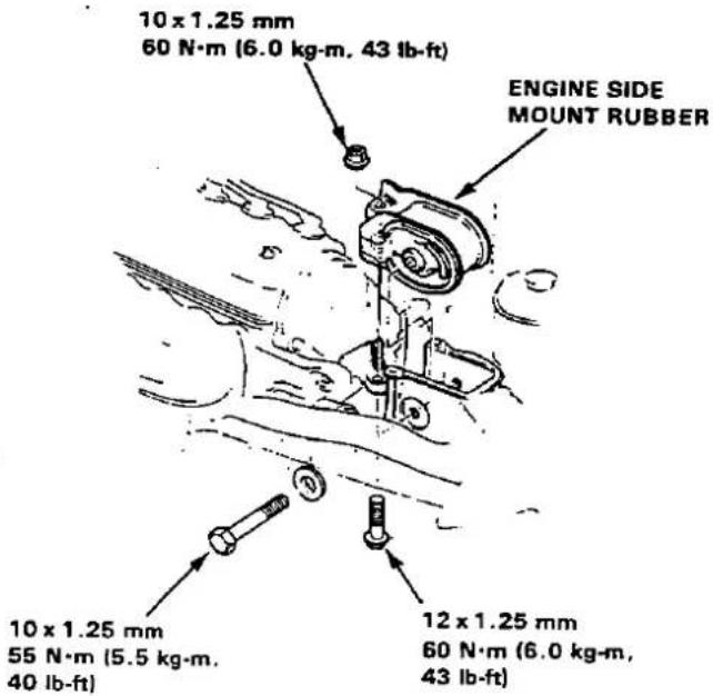 10 x 1.25 mm 60 N·m (6.0 kg·m, 43 lb·ft) ENGINE SIDE MOUNT RUBBER 10 x 1.25 mm 55 N·m (5.5 kg·m, 40 lb·ft) 12 x 1.25 mm 60 N·m (6.0 kg·m, 43 lb·ft)
