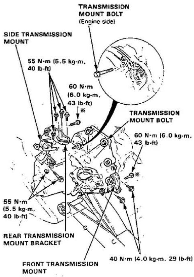 TRANSMISSION MOUNT BOLT (Engine side) SIDE TRANSMISSION MOUNT 55 N·m (5.5 kg·m, 40 lb-ft) 60 N·m (6.0 kg·m, 43 lb-ft) TRANSMISSION MOUNT BOLT 60 N·m (6.0 kg·m, 43 lb-ft) 55 N·m (5.5 kg·m, 40 lb-ft) REAR TRANSMISSION MOUNT BRACKET FRONT TRANSMISSION MOUNT 40 N·m (4.0 kg·m, 29 lb-ft)