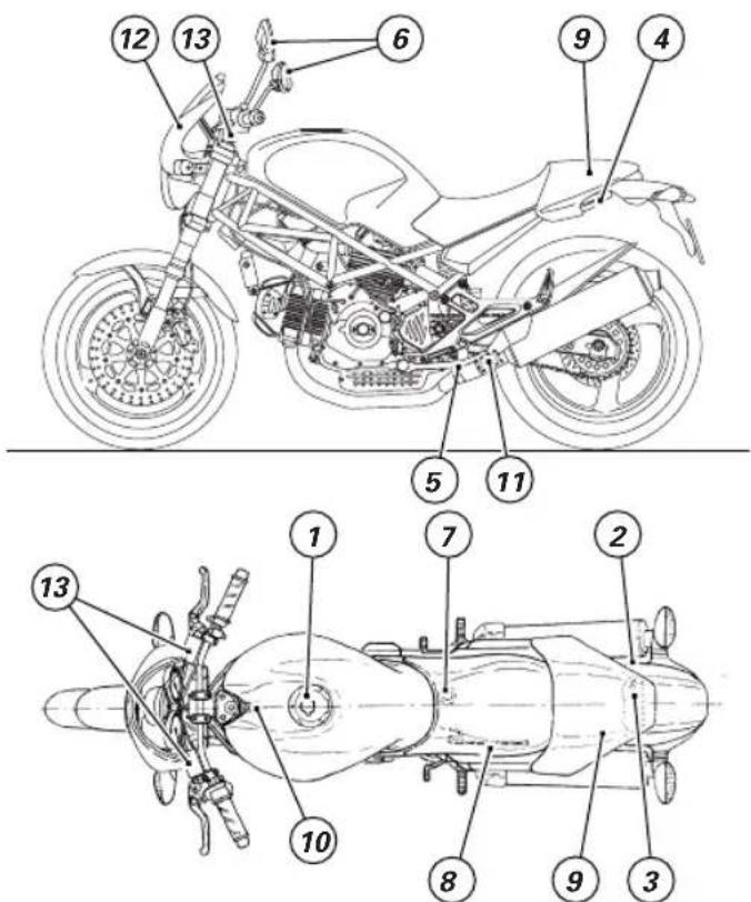 Technical diagram of a motorcycle with numbered parts for identification and assembly reference.