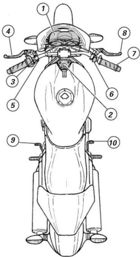 Technical diagram of a motorcycle with numbered parts for identification
