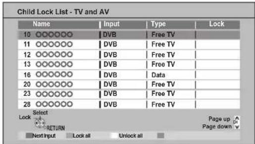 Child Lock List - TV and AV Name Input Type Lock 10 OOOOOOO DVB Free TV 11 OOOOOOO DVB Free TV 12 OOOOOOO DVB Free TV 13 OOOOOOO DVB Free TV 16 OOOOOOO DVB Data 20 OOOOOOO DVB Free TV 23 OOOOOOO DVB Free TV 28 OOOOOOO DVB Free TV Select Lock RETURN Next Input Lock all Unlock all Page up Page down